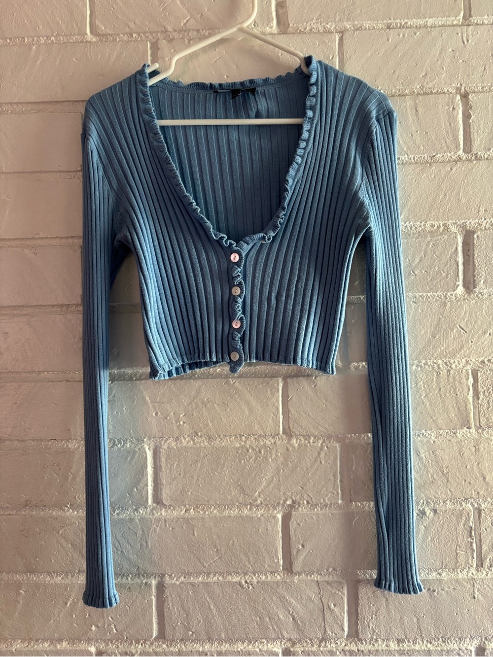 Cotton Candy Blue Ribbed V-Neck Buttoned Crop Cardigan